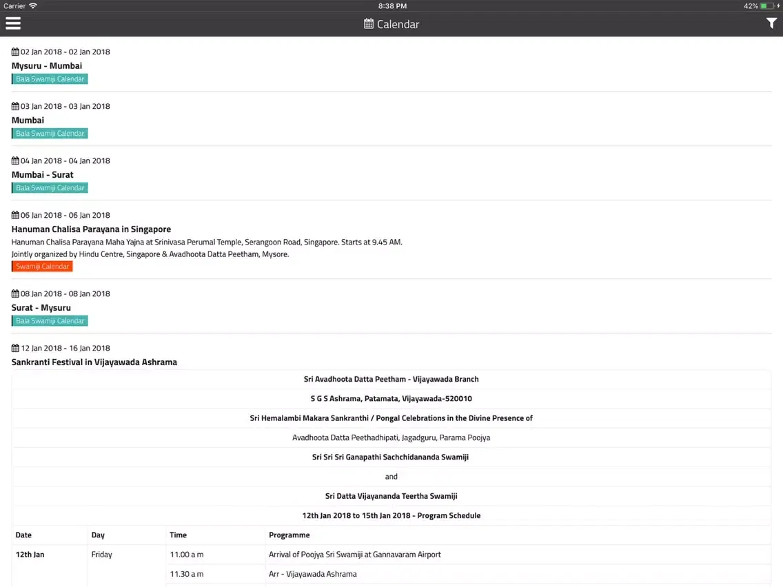 Tangkapan skrin Avadhoota Datta Peetham iPad 