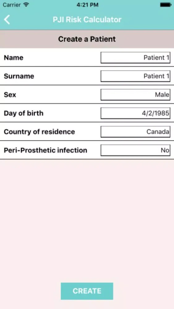 Zrzuty ekranu PJI Risk Calculator