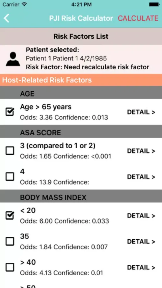 Zrzuty ekranu PJI Risk Calculator