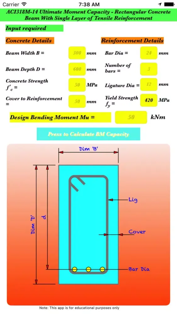 Capturas de tela do ACI318M-14 RCBeam Ultimate Bending Moment