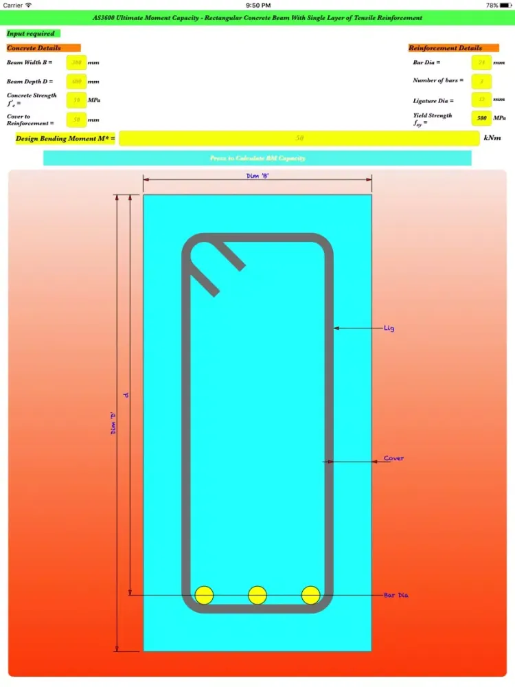 Ảnh chụp màn hình của AS3600 RCBeam Ultimate Bending Moment Calculation iPad 