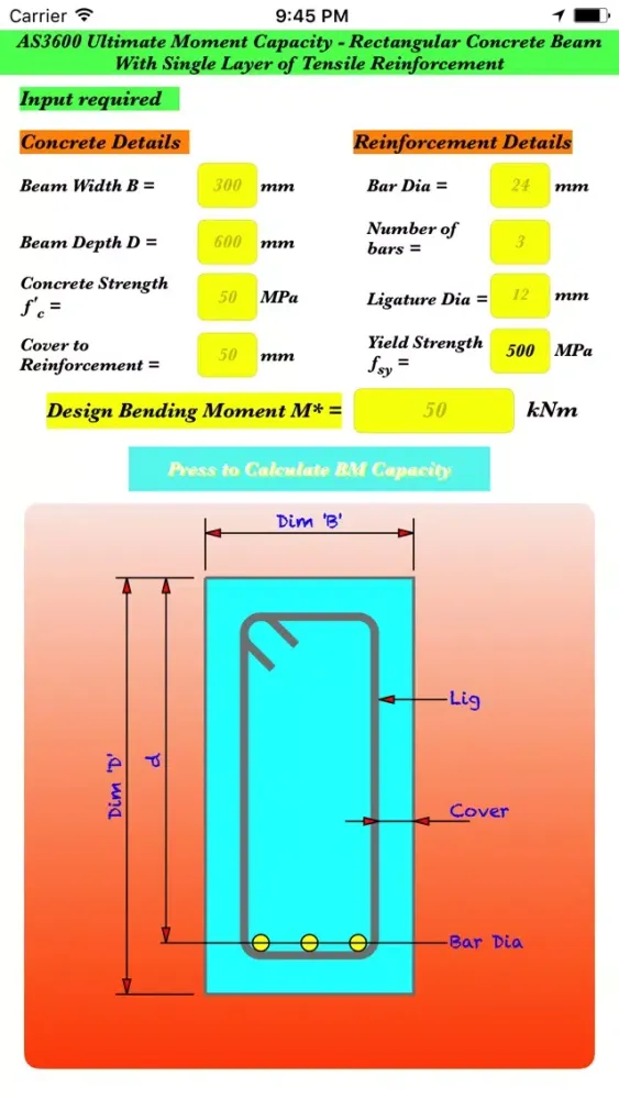 Ảnh chụp màn hình của AS3600 RCBeam Ultimate Bending Moment Calculation