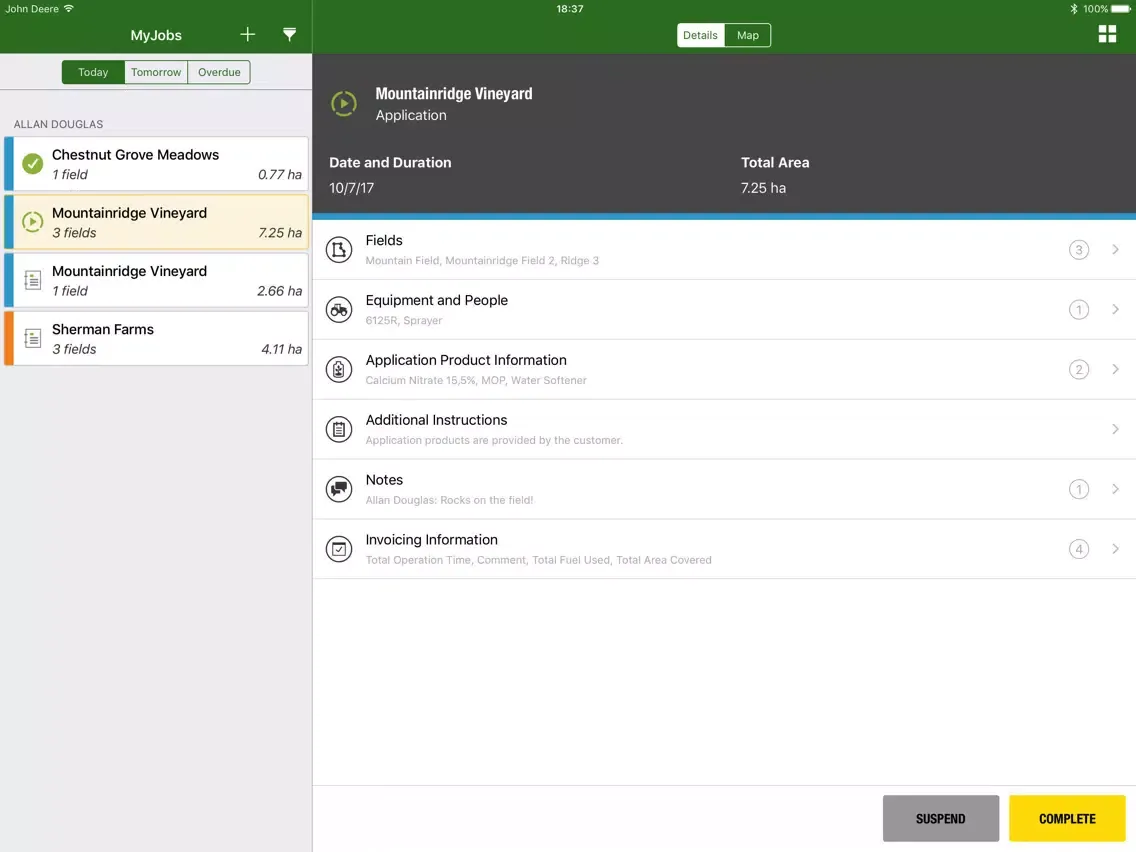John Deere MyJobs iPad  Screenshots