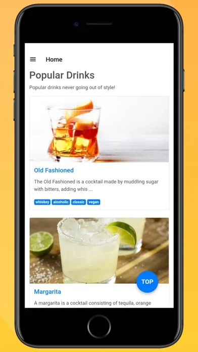 Capturas de tela do Cocktail Recipes App