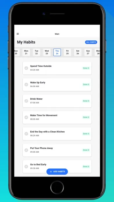 Capturas de tela do Habit Tracker App.