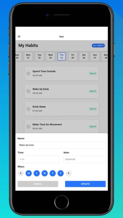 Capturas de tela do Habit Tracker App.