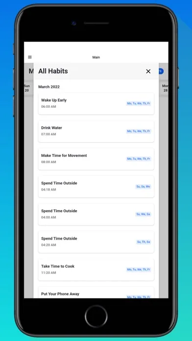 Capturas de tela do Habit Tracker App.
