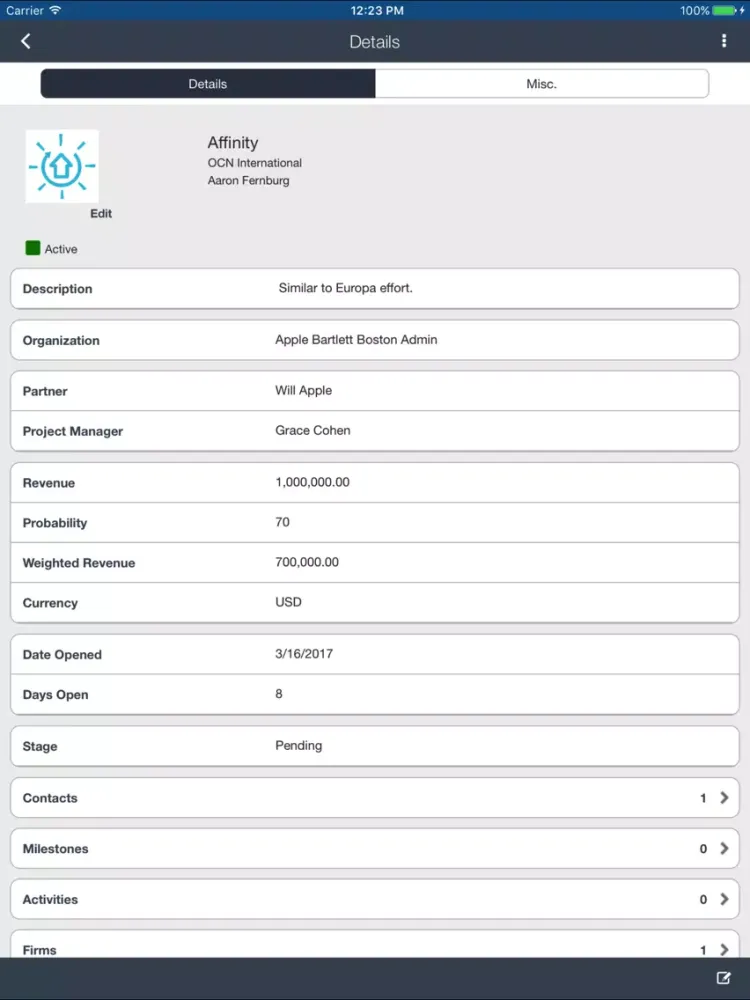 Ảnh chụp màn hình của Deltek CRM for PS iPad 