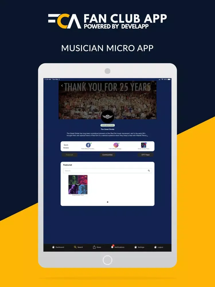 Tangkapan layar Fan Club App iPad 