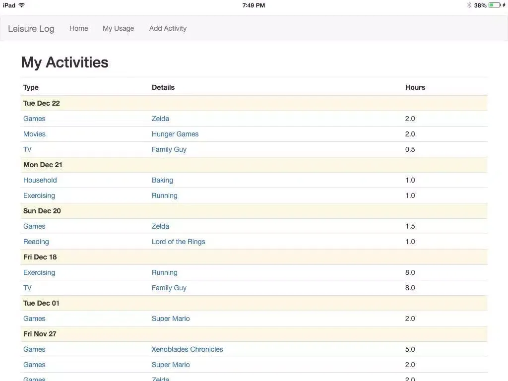 Leisure Log - Activity Tracker iPad  Ekran Görüntüleri