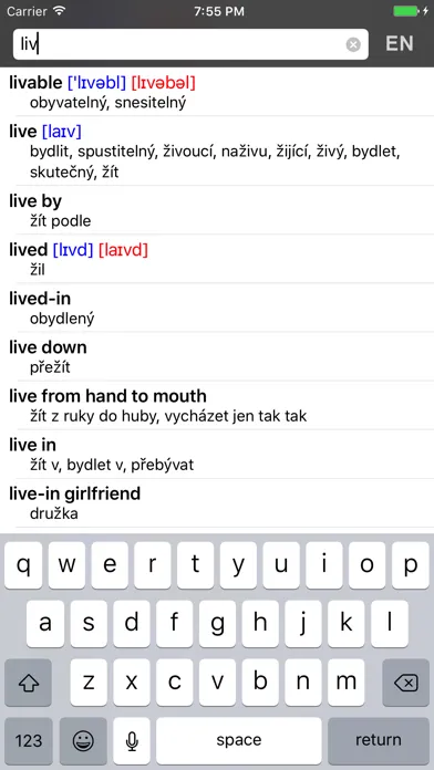 Ảnh chụp màn hình của Czech-English offline dict.