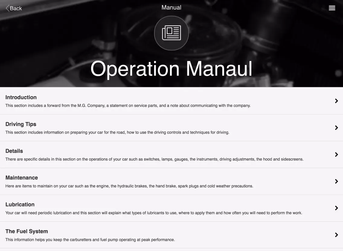 Digital Auto Guides M.G. TD Operation Manual iPad  Screenshots