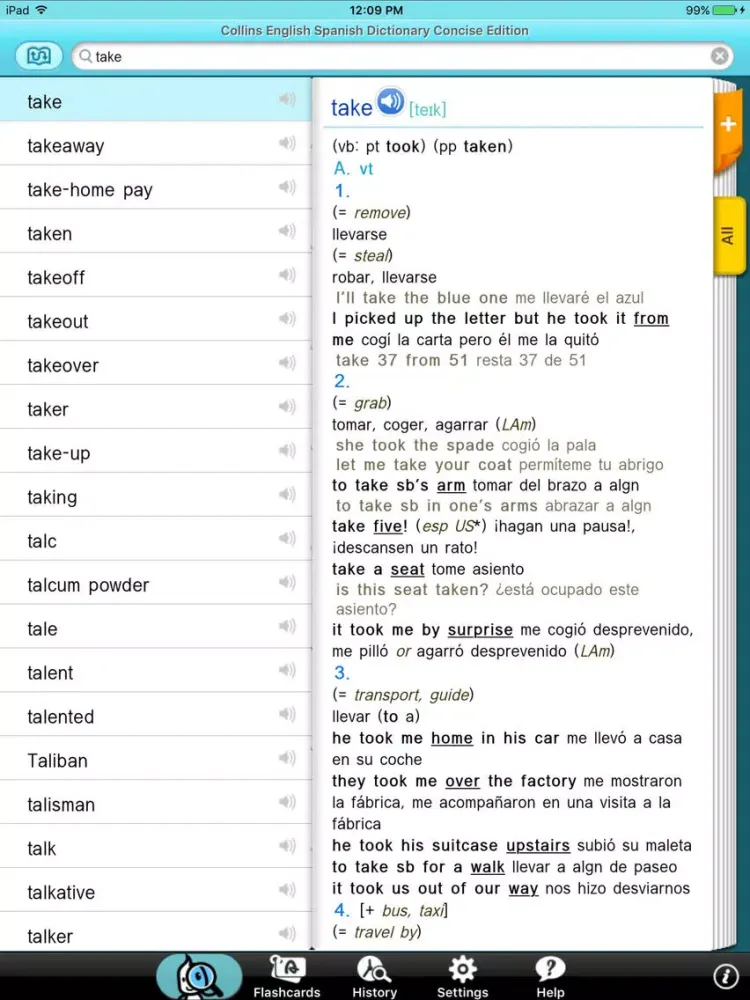 Tangkapan skrin Collins Spanish English iPad 