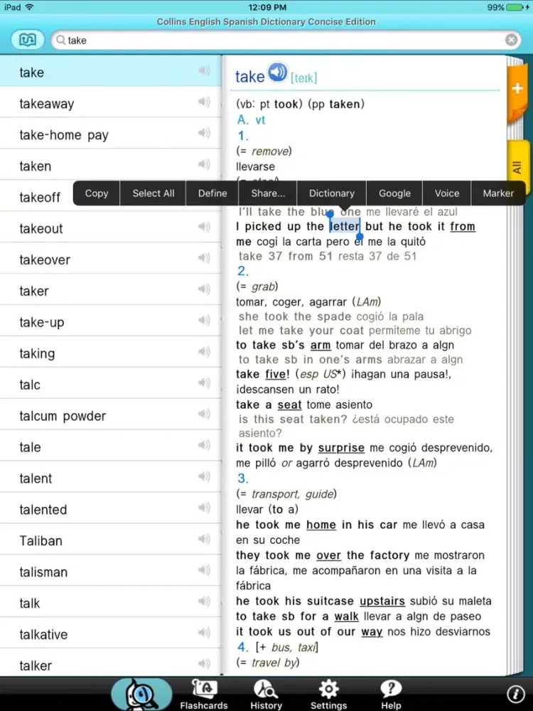 Tangkapan skrin Collins Spanish English iPad 