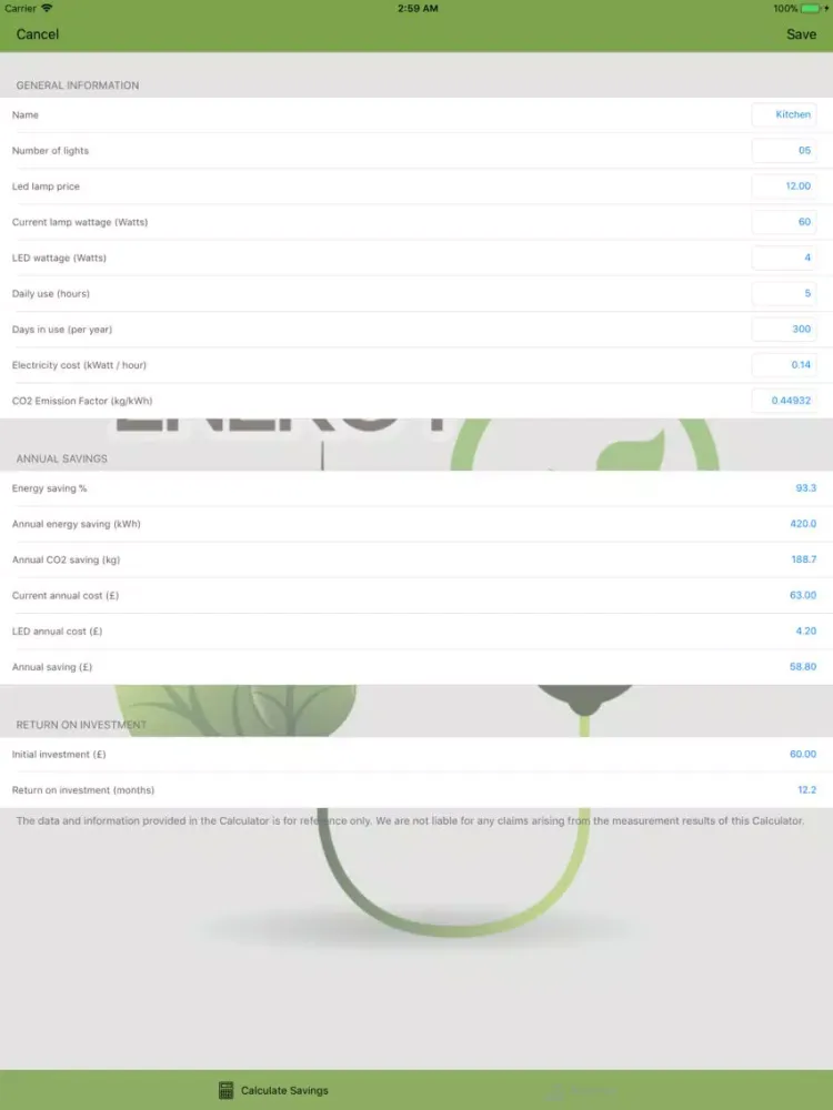 Led Energy Savings Calc. Pro iPad  Screenshots