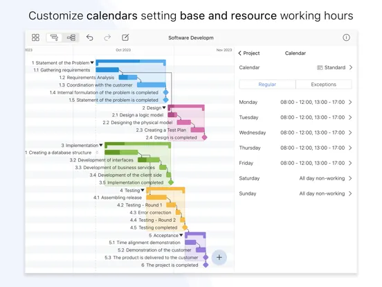Tangkapan skrin Project Office X: Gantt chart iPad 