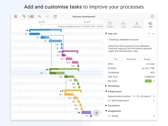 Tangkapan skrin Project Office X: Gantt chart iPad 