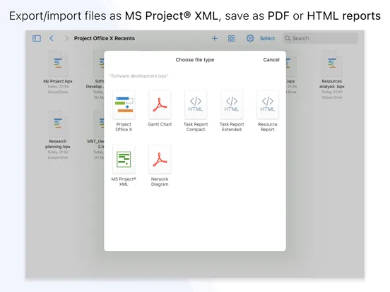 Tangkapan skrin Project Office X: Gantt chart iPad 
