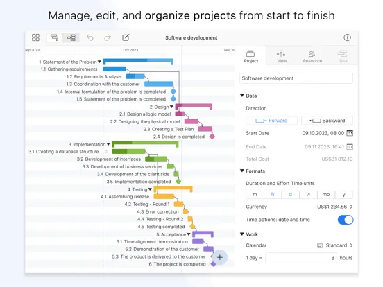 Tangkapan skrin Project Office X: Gantt chart iPad 