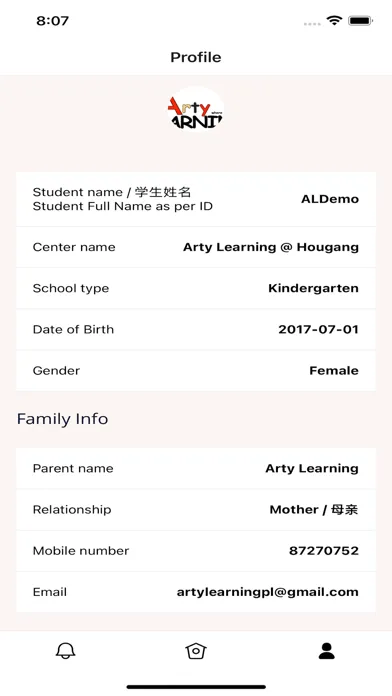 Tangkapan skrin Arty Learning Parents Portal