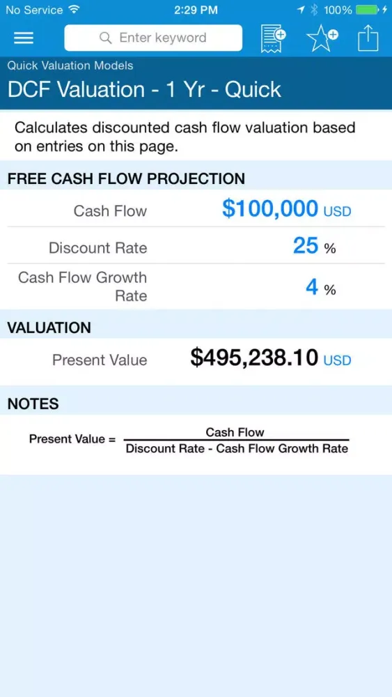 Screenshot di Business Valuation