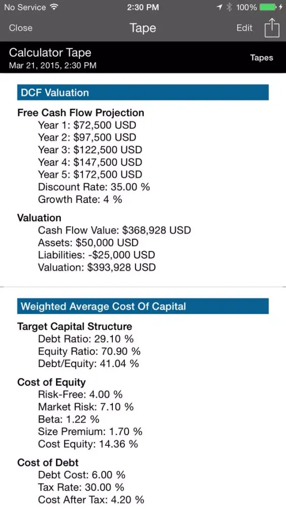 Screenshot di Business Valuation