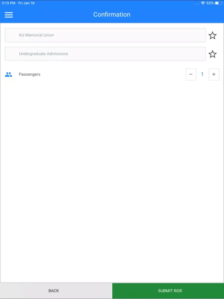 Tangkapan layar University of Kansas SafeRide iPad 