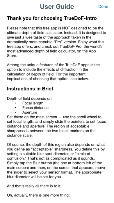 TrueDoF-Intro DoF Calculator Screenshots