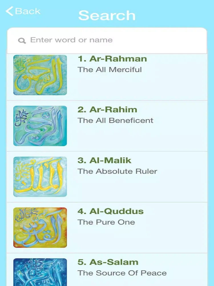 Zrzuty ekranu 99 Names of Allah Meaning Search iPad 