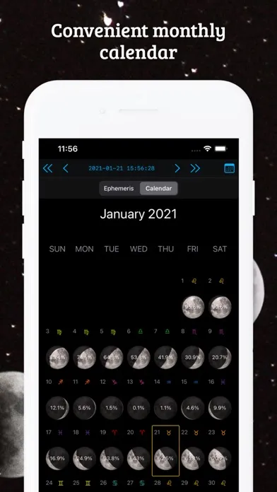 Tangkapan skrin Moon Phase Calendar LunarSight
