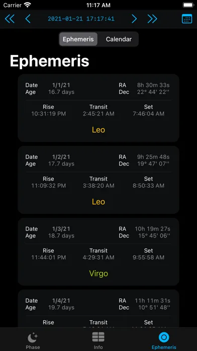 Tangkapan skrin Moon Phase Calendar LunarSight