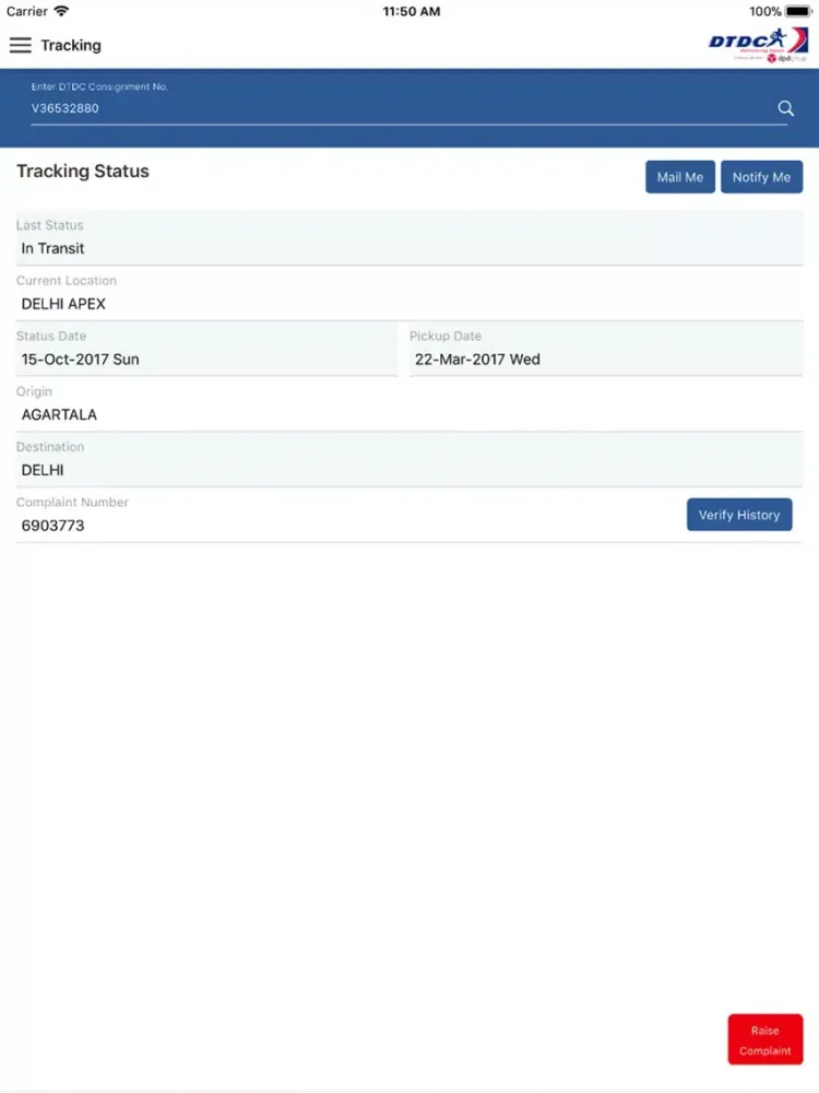 ภาพหน้าจอของ DTDC SmartApp iPad 