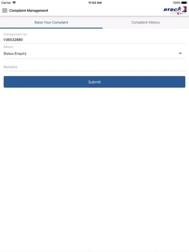ภาพหน้าจอของ DTDC SmartApp iPad 