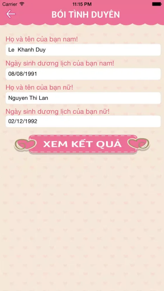 Ảnh chụp màn hình của Bói Tình Duyên 2015