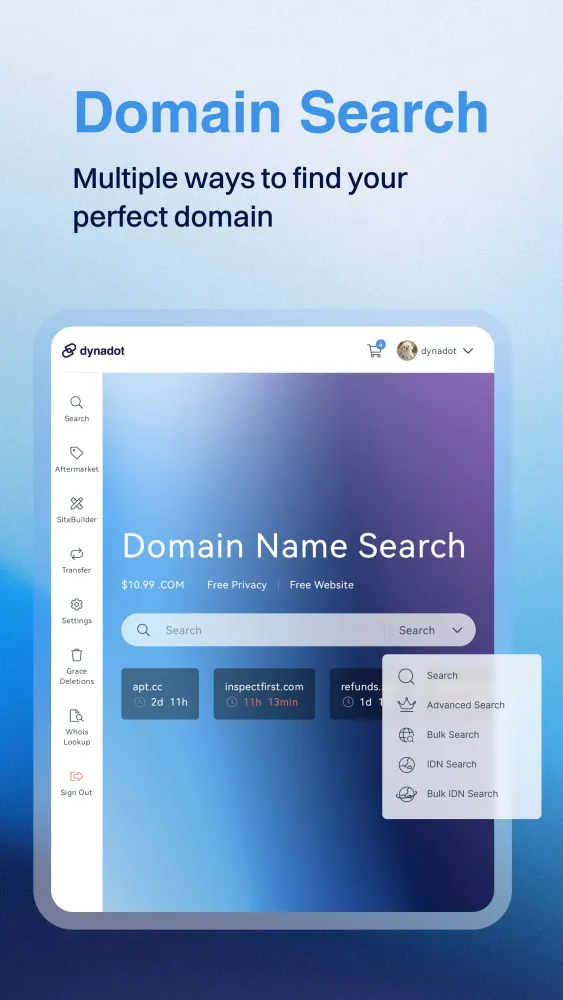 Ảnh chụp màn hình của Dynadot - Tablet Domain App