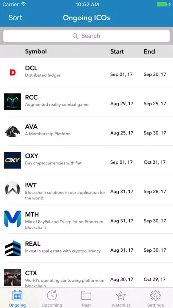 ภาพหน้าจอของ ICO Calendar