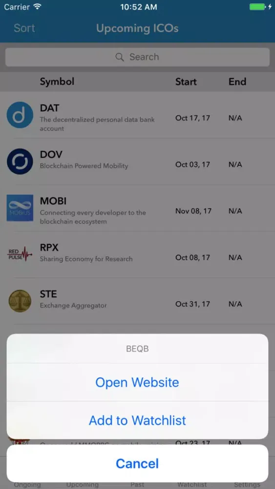 ภาพหน้าจอของ ICO Calendar