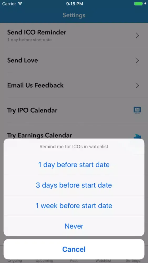 ภาพหน้าจอของ ICO Calendar