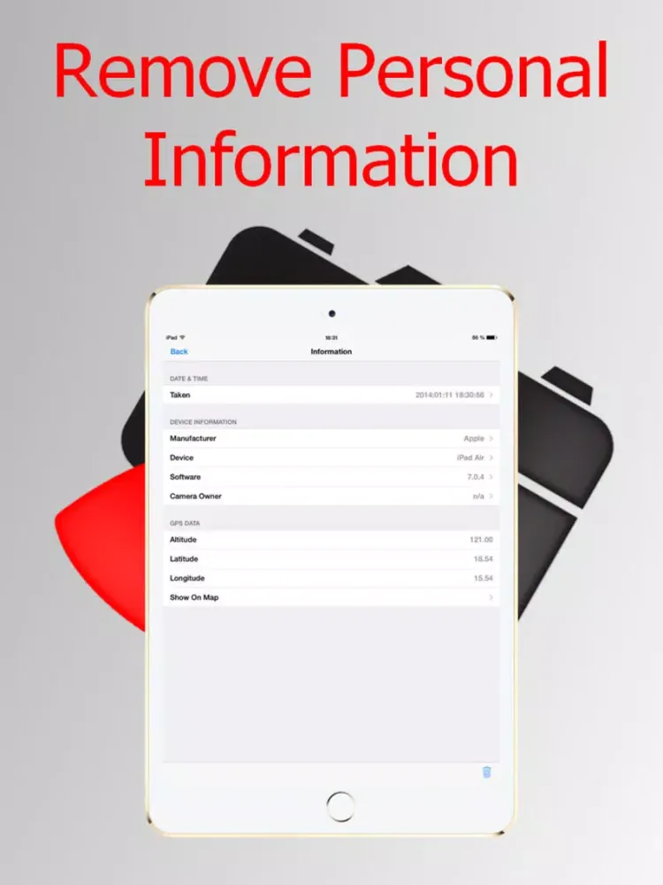 Ảnh chụp màn hình của Personal Info remover by Photo, EXIF Purger and GEO Viewer iPad 