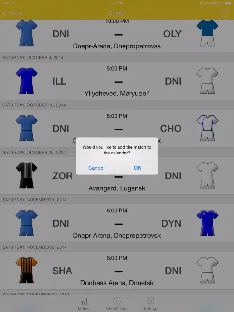 Tangkapan skrin Scheduler - UPL Ukrainian Football 2016-2017 iPad 
