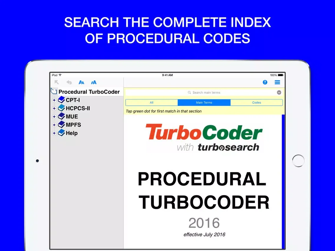Capturas de tela do Procedural TurboCoder 2016 CPT Codes, HCPCS & MUE. iPad 