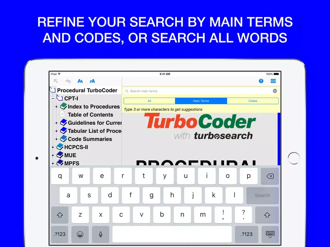 Capturas de tela do Procedural TurboCoder 2016 CPT Codes, HCPCS & MUE. iPad 