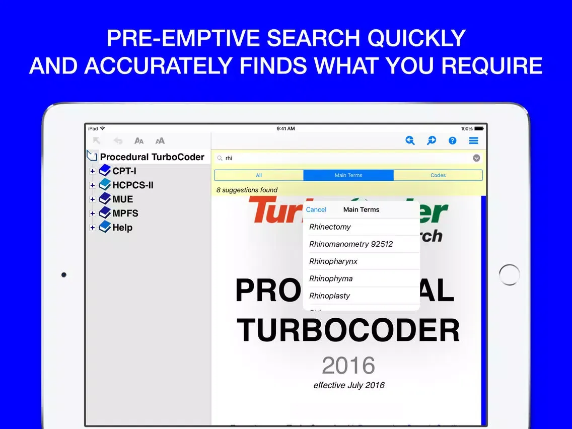 Capturas de tela do Procedural TurboCoder 2016 CPT Codes, HCPCS & MUE. iPad 