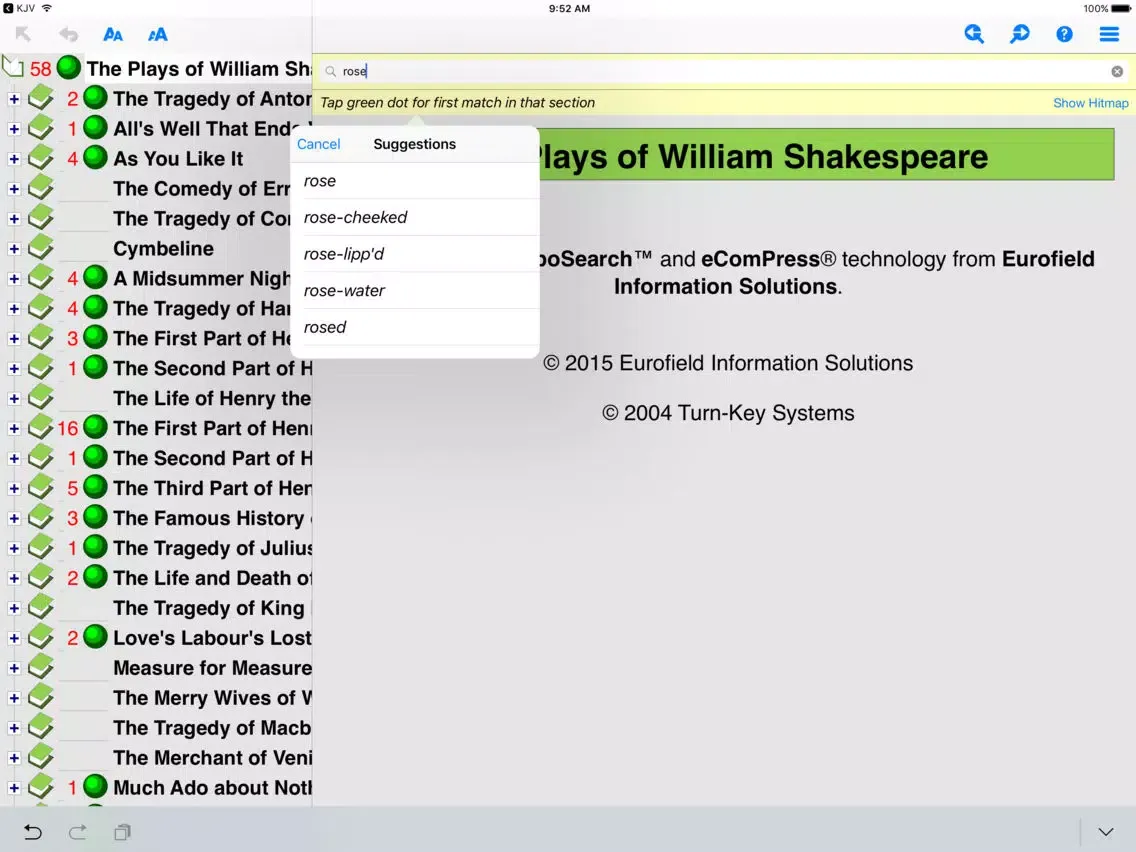 Tangkapan layar Plays of William Shakespeare TurboSearch iPad 
