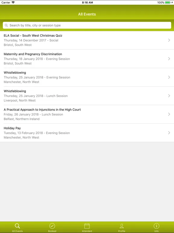 Tangkapan layar ELA Events iPad 