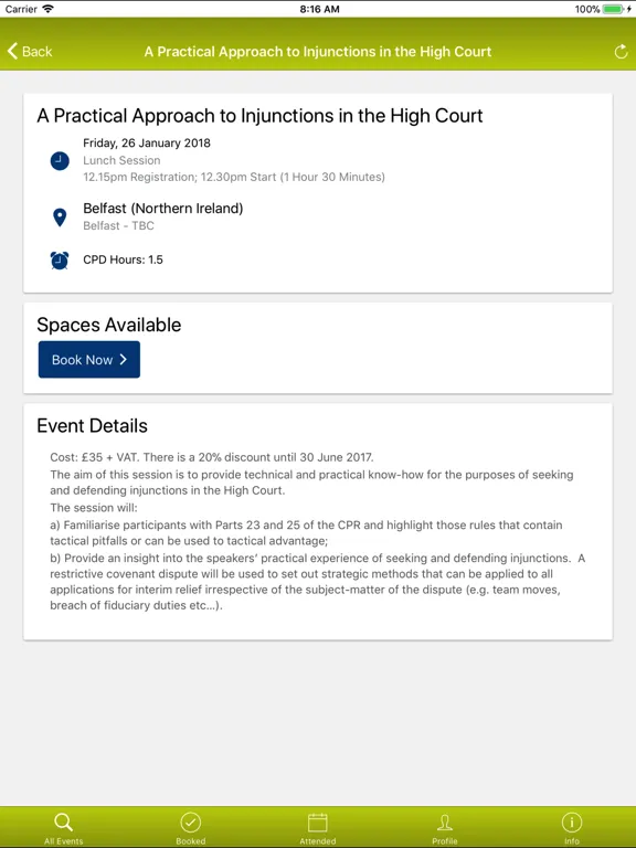 Tangkapan layar ELA Events iPad 
