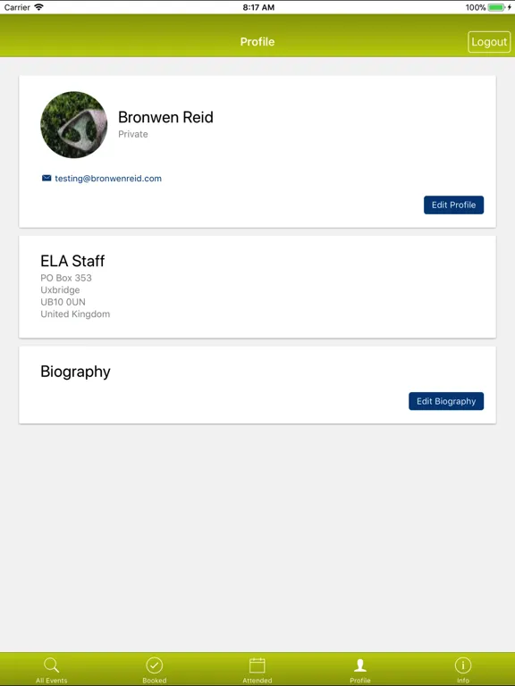 Tangkapan layar ELA Events iPad 