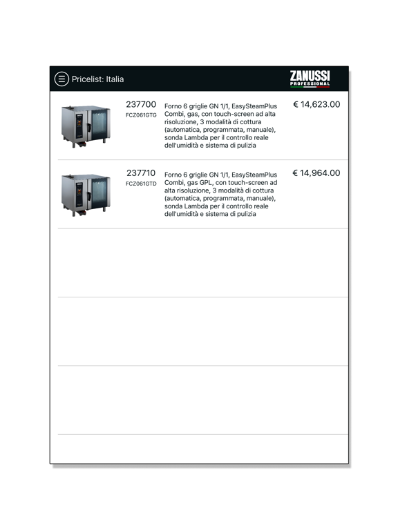 Zanussi Professional Pricelist iPad  スクリーンショット