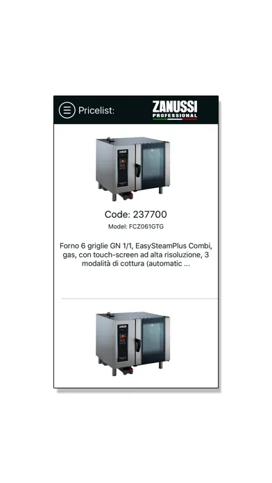 Zanussi Professional Pricelist 스크린샷