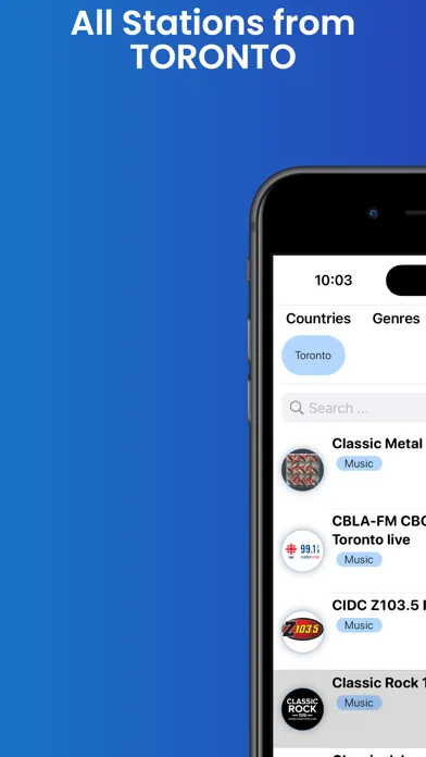 Tangkapan skrin Toronto Radio - Top Stations